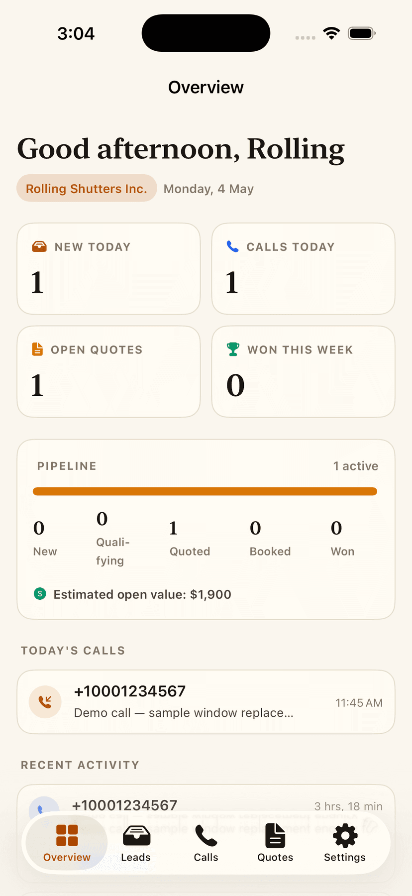 Hearthline iOS Overview screen showing today's leads, calls, pipeline and recent activity
